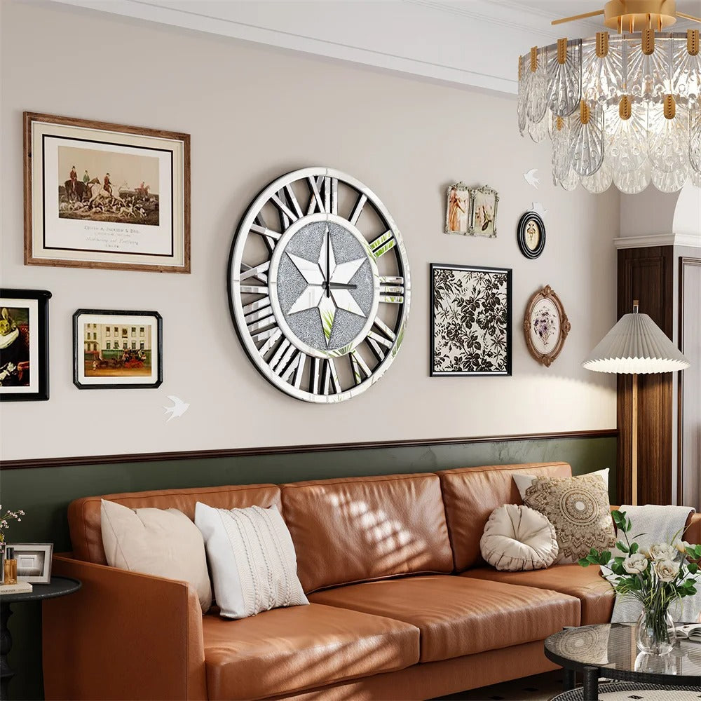 Round Wall Clock Mirror Decorative Silver Glass Mirrors with Roman Numerals Crush Diamond Clocks Battery Operated