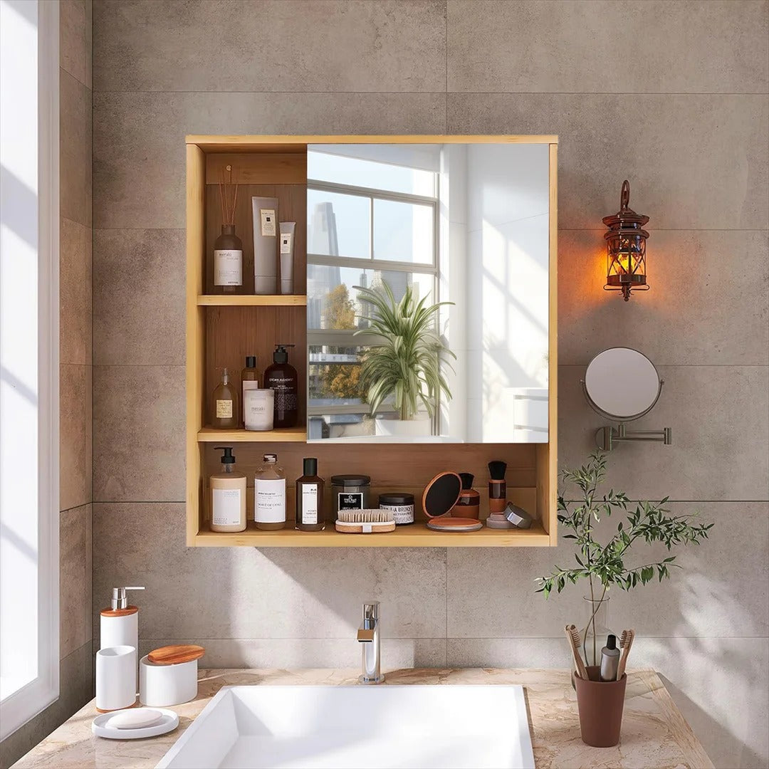 Bamboo Bathroom Mirror Cabinet with Adjustable Shelves – 55.5 × 61 cm