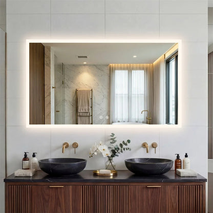 Rectangular Backlit Bathroom Mirror with Anti-Fog - mirror above a wooden double vanity