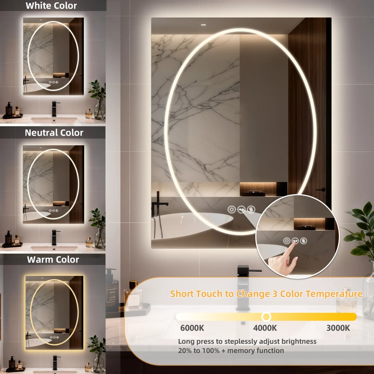 Frameless Double LED Lighted Bathroom Mirror, Rectangle & Round Tempered Glass Frontlit and Backlit Antifog