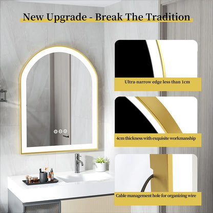 Frontlit Arched LED Illuminated Bathroom Mirror, Gold Frame, 3 Colors Dimming, Defog and Memory Function