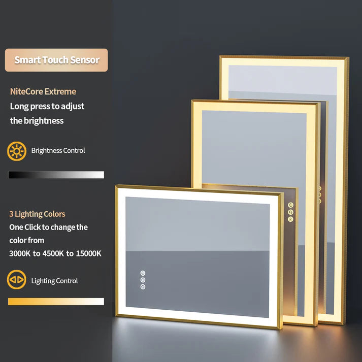 Rectangle Golden Aluminum Alloy Frame Front Light LED Smart Bathroom Illumination Mirror, Wall Mounted, Anti-Fog