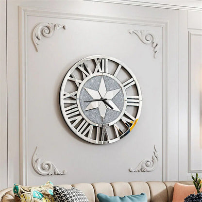 Round Wall Clock Mirror Decorative Silver Glass Mirrors with Roman Numerals Crush Diamond Clocks Battery Operated