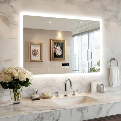 Rectangle Bluetooth LED Bathroom Mirror – Anti-Fog Large Vanity Mirror with 3X Magnifier, Dimmable Touch Light, Date & Time Display
