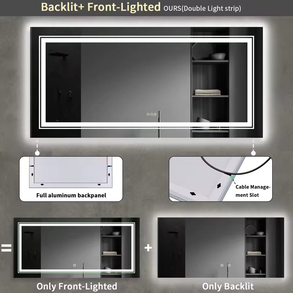 Multiple Size Extra Large Rectangle Double Lights LED Bathroom Mirror Illuminated Dimmable Vanity Mirror with Anti-Fog, 3 Color