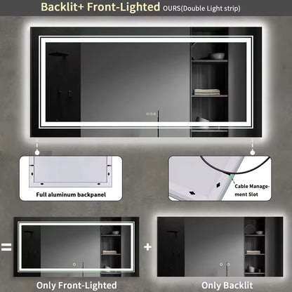 Multiple Size Extra Large Rectangle Double Lights LED Bathroom Mirror Illuminated Dimmable Vanity Mirror with Anti-Fog, 3 Color