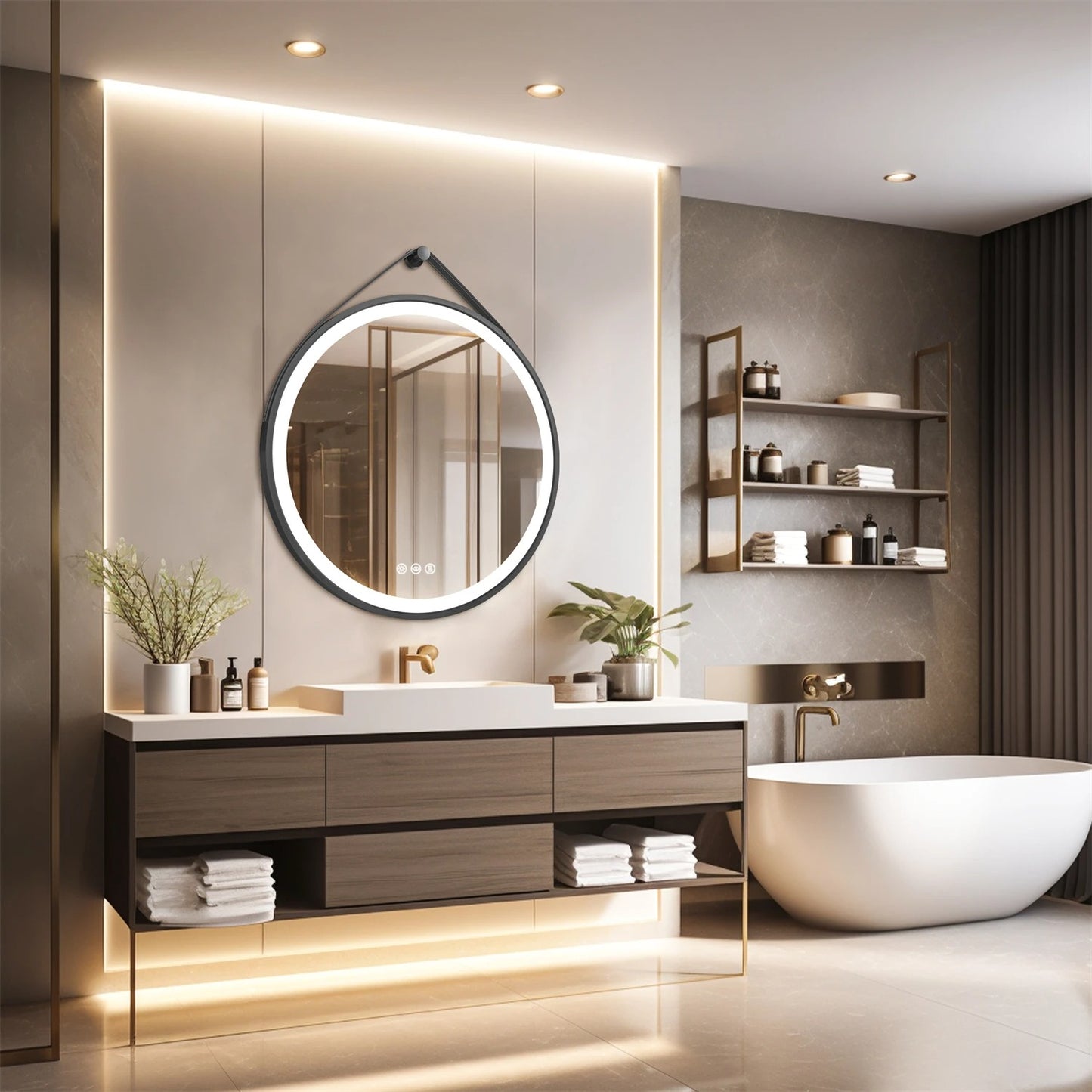 Black Frame with leather rope Round Bathroom Mirror with Front Light,Wall Mounted Lighted Vanity Mirror, Anti-Fog & Dimmable