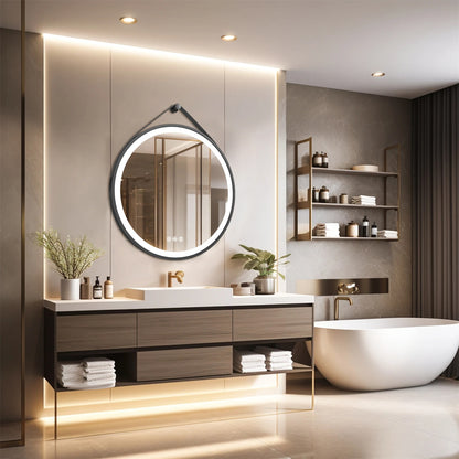 Black Frame with leather rope Round Bathroom Mirror with Front Light,Wall Mounted Lighted Vanity Mirror, Anti-Fog & Dimmable