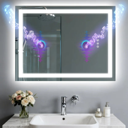 Rectangle LED Bathroom Mirror with Bluetooth Speaker 3 Colors Dimmable Defog Vanity Mirror