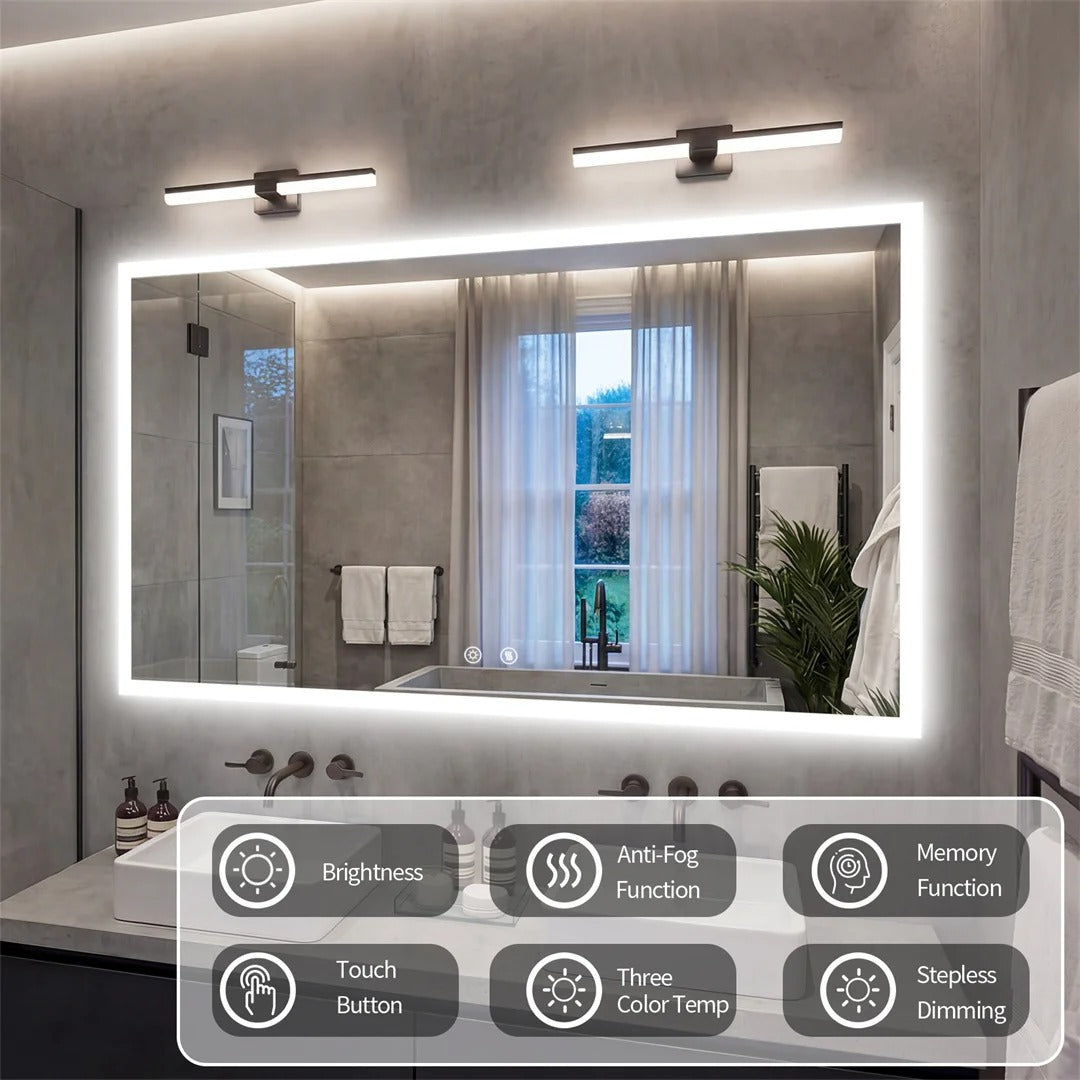 Rectangular Backlit Bathroom Mirror with Anti-Fog - touch controls and function overview