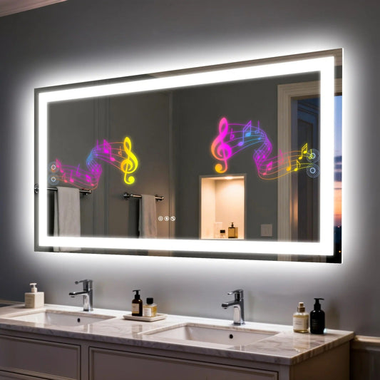 Rectangle LED Bathroom Mirror with Bluetooth Speaker 3 Colors Dimmable Defog Vanity Mirror
