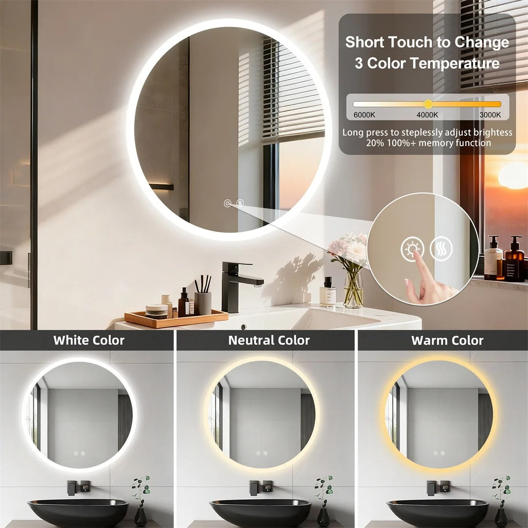 Backlit Round LED Bathroom Mirror, Dimmable Anti-Fog Waterproof Vanity Mirror