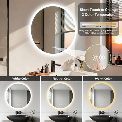 Backlit Round LED Bathroom Mirror, Dimmable Anti-Fog Waterproof Vanity Mirror