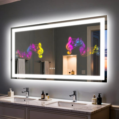 Rectangle LED Bathroom Mirror with Bluetooth Speaker 3 Colors Dimmable Defog Vanity Mirror