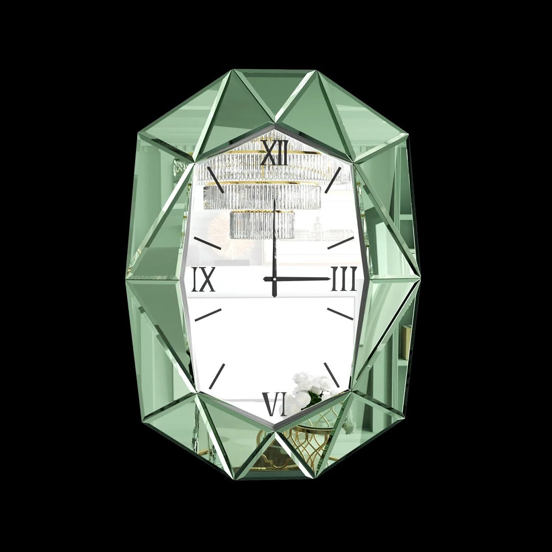 3D Beveled Diamond Wall Mirror with Clock, Hanging Clock