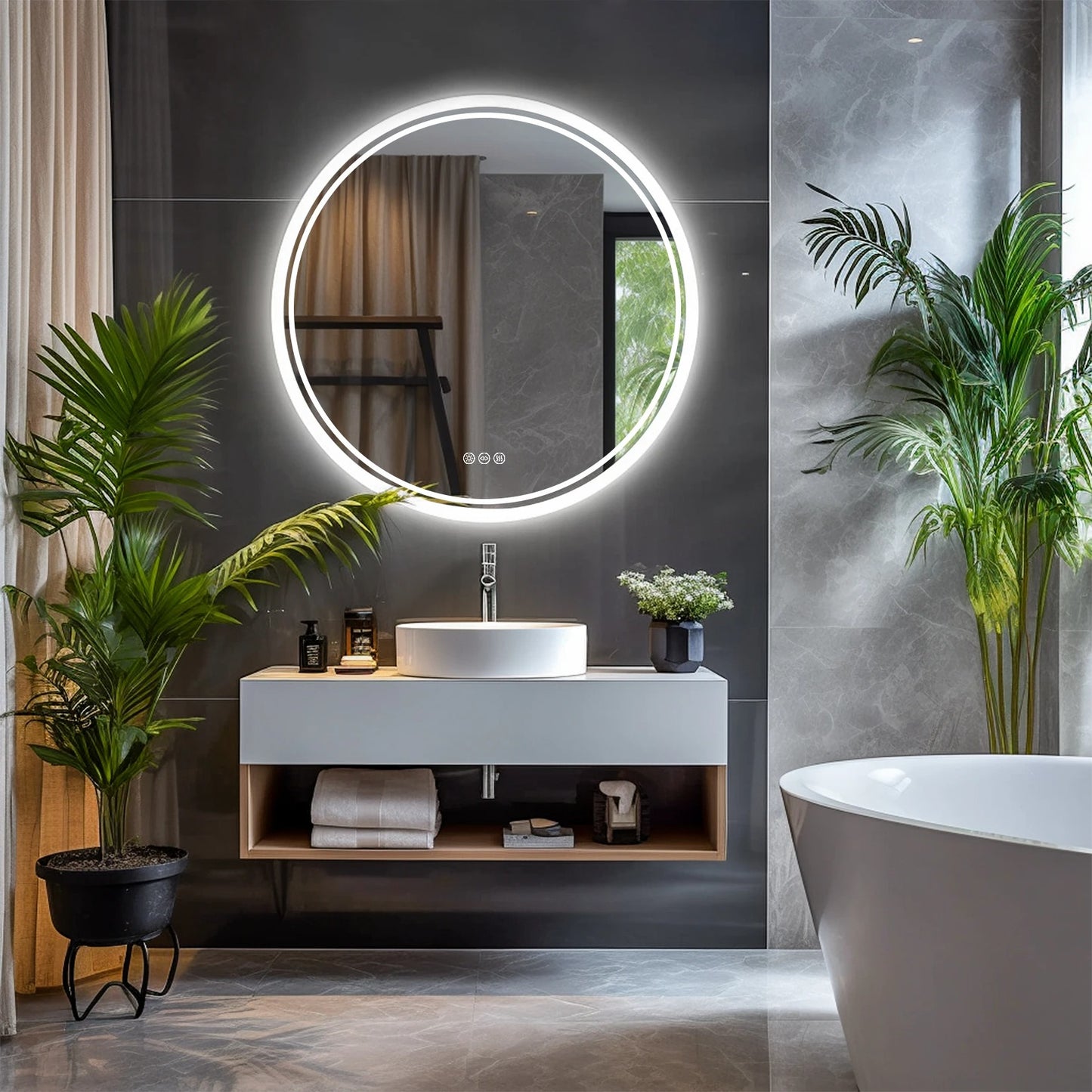 Round Double Lights LED Bathroom Smart Make up Mirror Dimmable, Anti-Fog Circle Wall Mounted Mirror