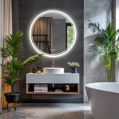 Round Double Lights LED Bathroom Smart Make up Mirror Dimmable, Anti-Fog Circle Wall Mounted Mirror