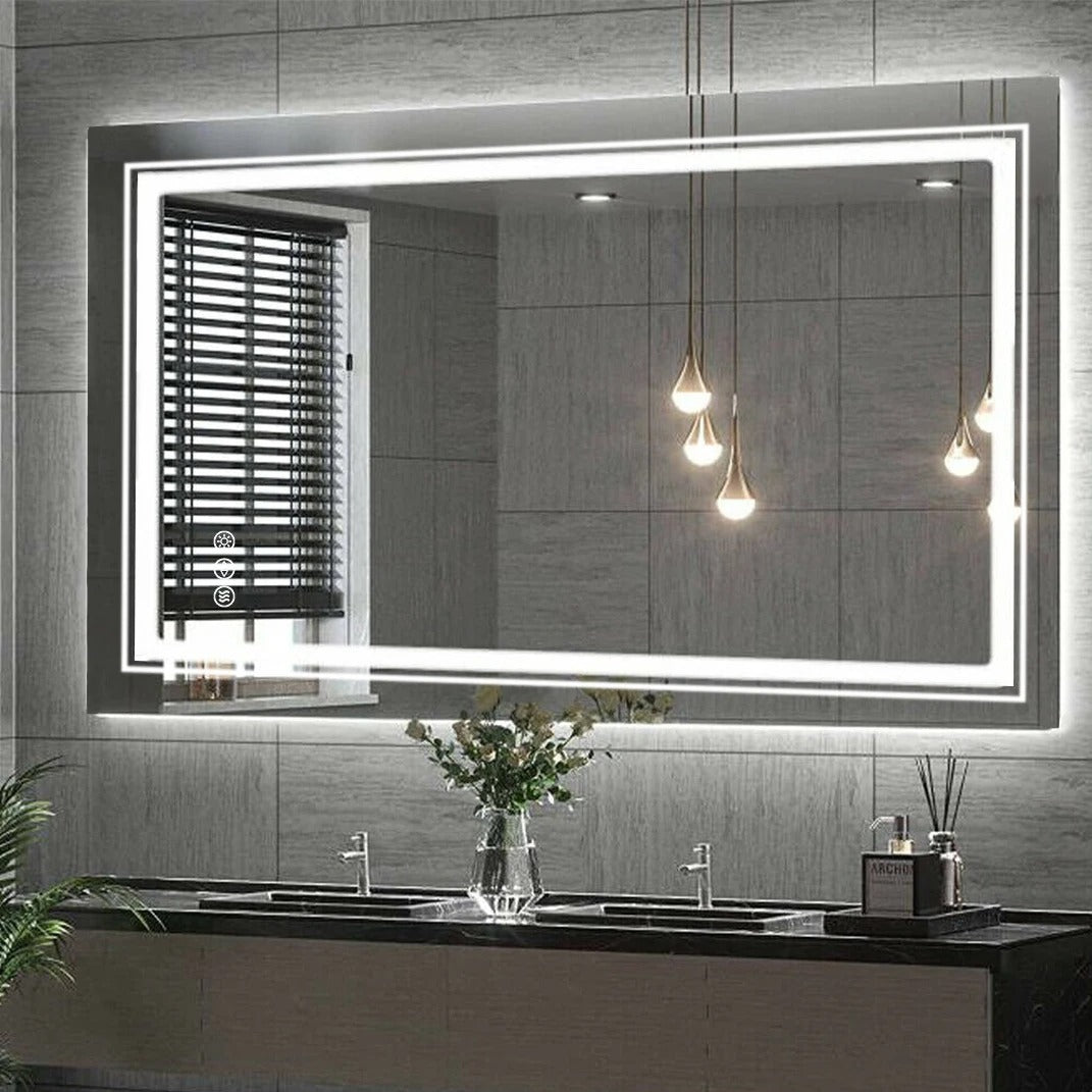 Rectangle Double Light  LED Illuminated Smart Mirror Bathroom Makeup Mirror with Dimmable Anti-Fog