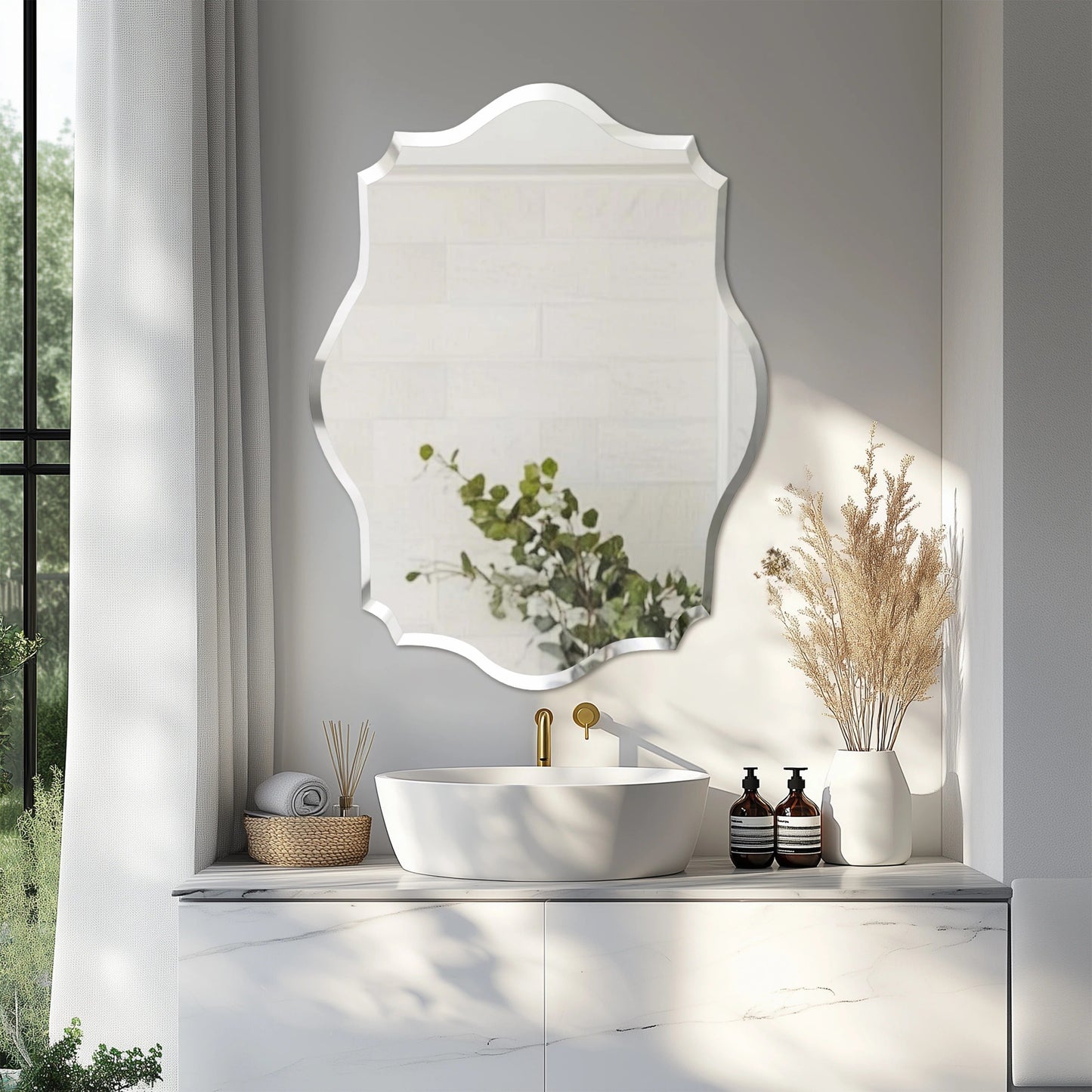Scalloped Frameless Bathroom Mirror – Polished Silver Beveled Edge Mirror for Bathroom, Bedroom, Vanity & Living Room