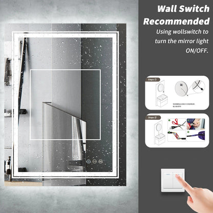 Double Light RECTANGLE LED Illuminated Mirror Bathroom Makeup Mirror with Dimmable Anti-Fog