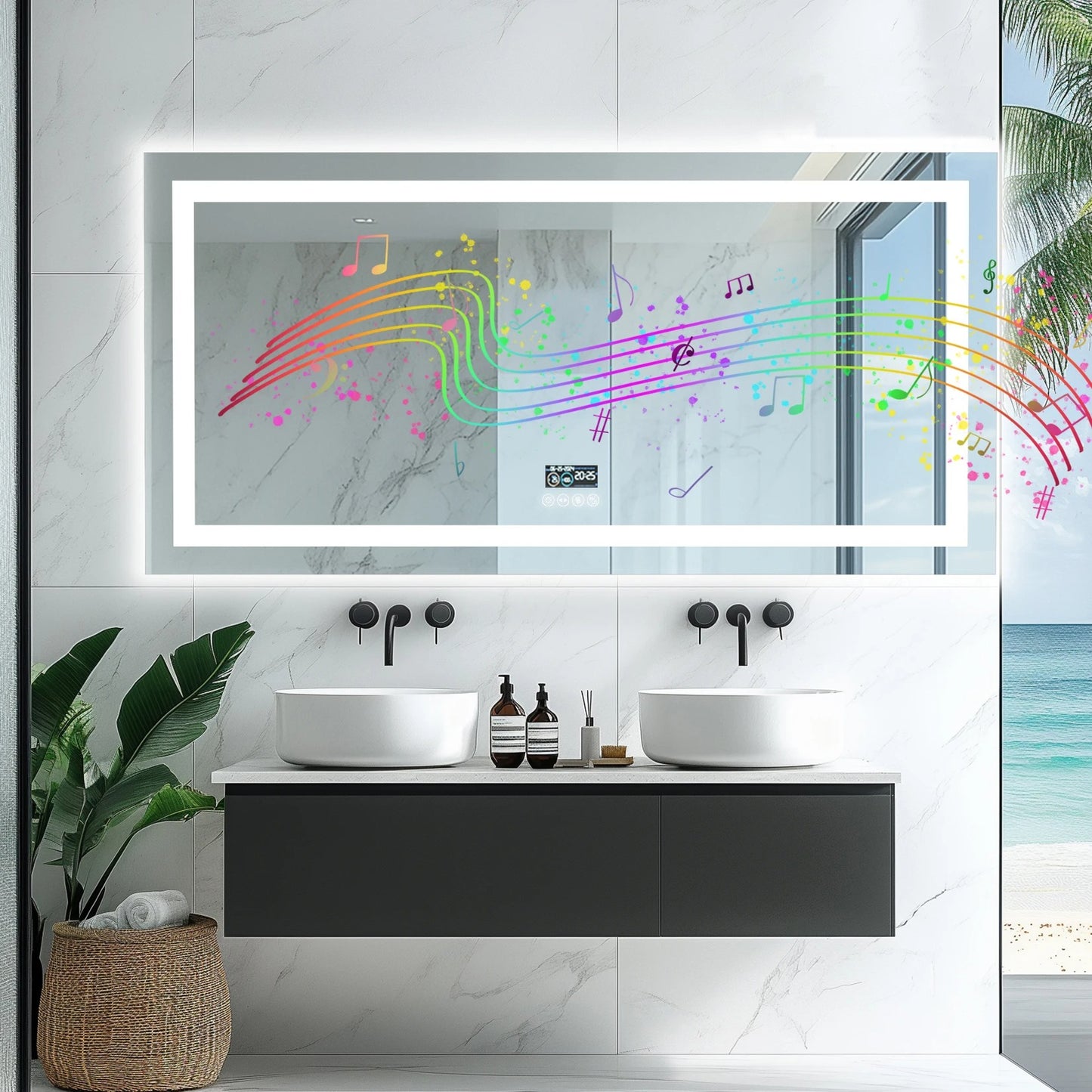 New Generation Smart Bathroom Mirror, Extra Large Rectangle Vanity Mirror with Dual Lights, Anti-Fog, Bluetooth Speakers, 3 Colors Temperature & Dimmable