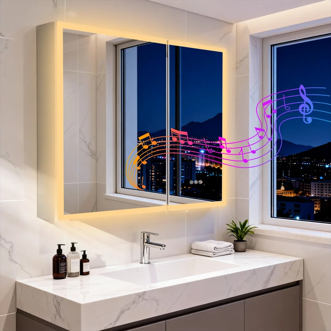 Luxury LED Mirror Cabinet with Dual Bluetooth Speakers & Anti-Fog - three light colours and audio illustration