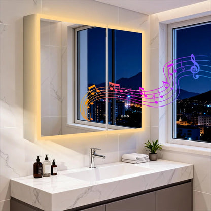 Luxury LED Mirror Cabinet with Dual Bluetooth Speakers & Anti-Fog - three light colours and audio illustration