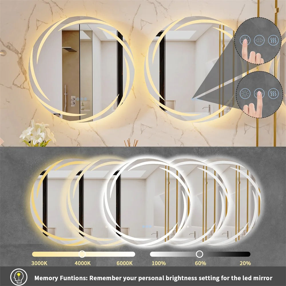 HaloGlow Round Backlit LED Bathroom Mirror, Anti-Fog, Memory Smart LED Mirror