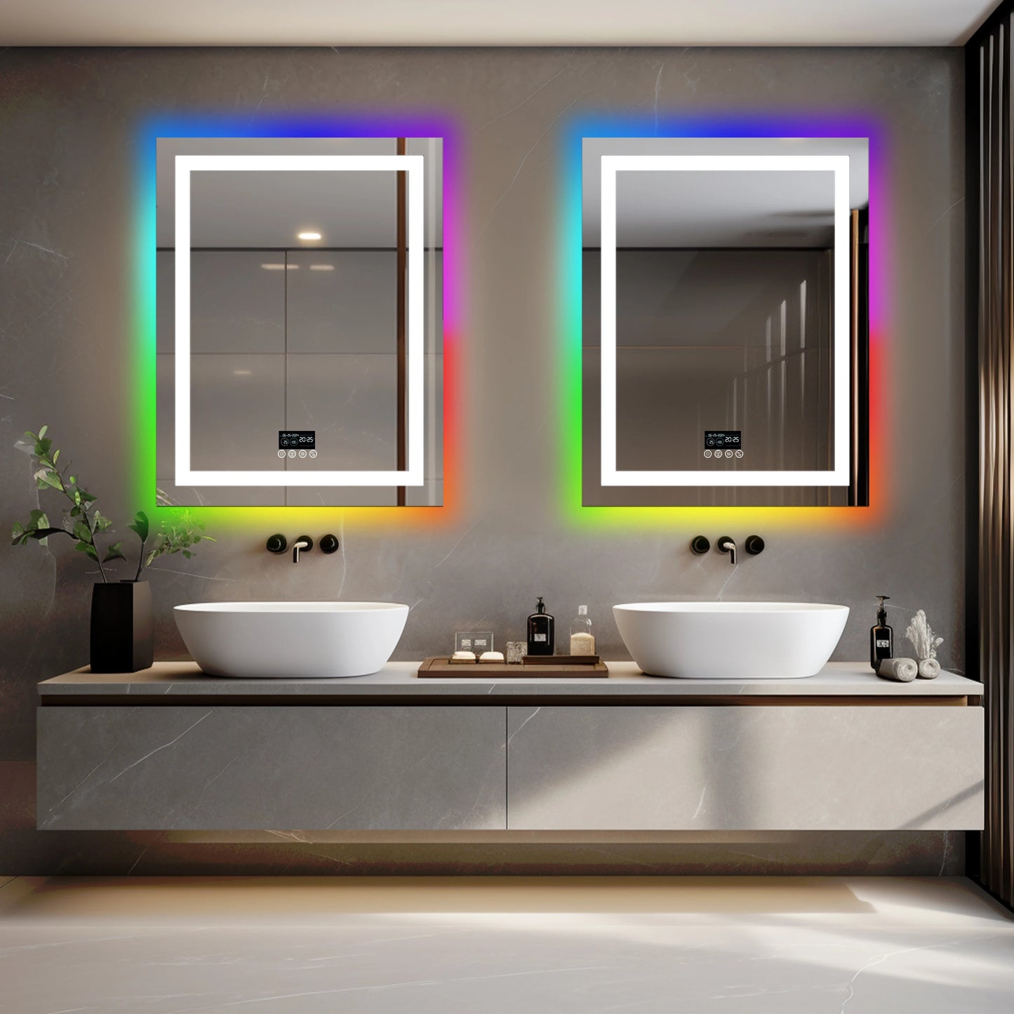 Smart Rectangle Glitzy RGB LED Bathroom Mirror With Bluetooth Speakers, Double Light LED Bathroom Mirror Anti-Fog