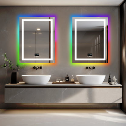 Smart Rectangle Glitzy RGB LED Bathroom Mirror With Bluetooth Speakers, Double Light LED Bathroom Mirror Anti-Fog