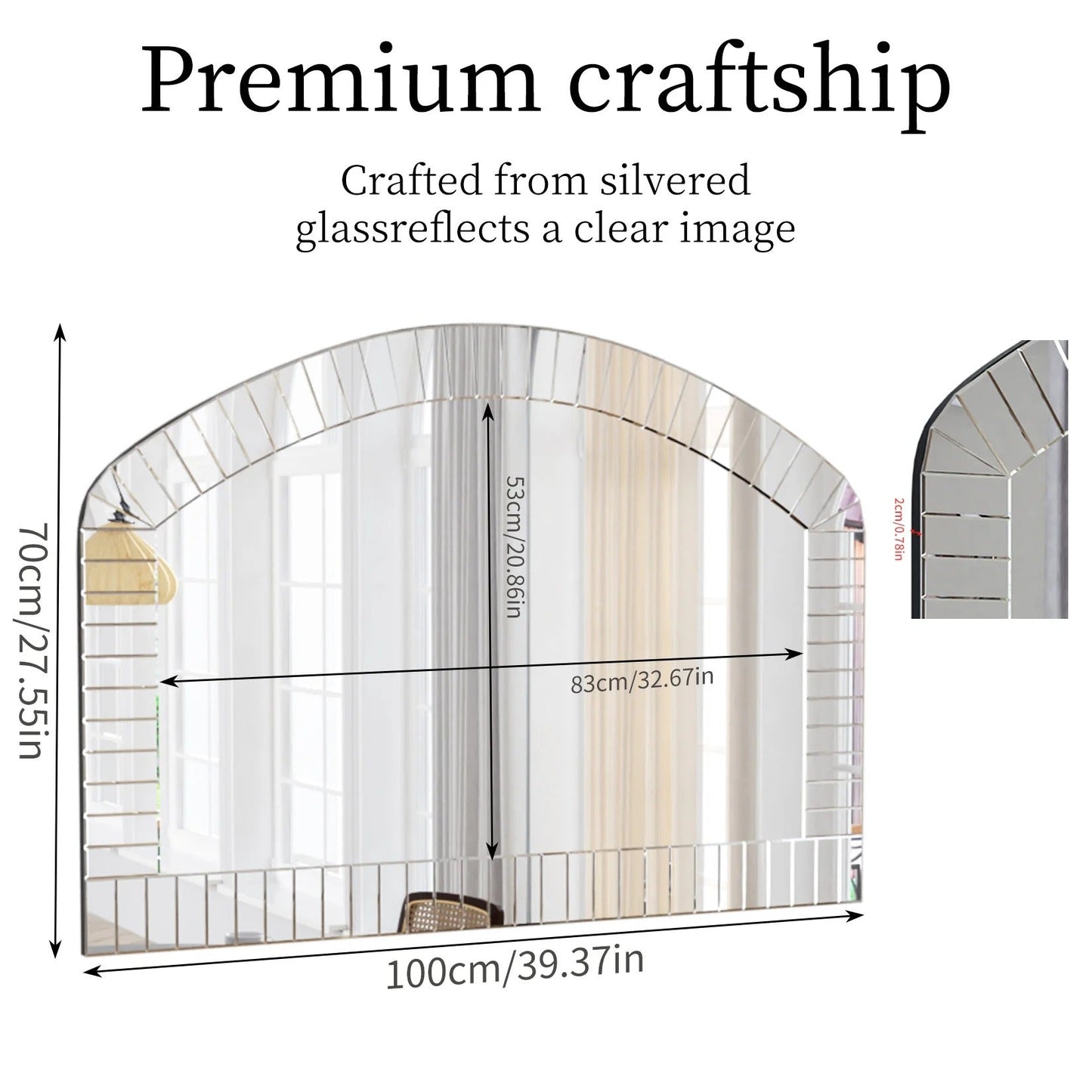 Extra Large Arched Bathroom Mirror – Silver Glass Venetian Accent Mirror with Bling Beveled Edge for Living Room Decor