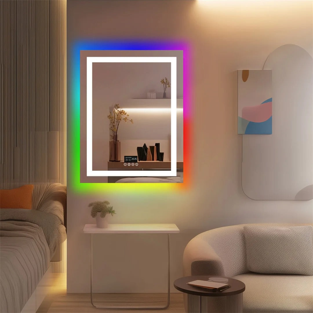 70*90CM Smart Bluetooth Rectangle RGB LED Bathroom Mirror, Anti-Fog, Backlit Lighted Bathroom Mirror with Speaker