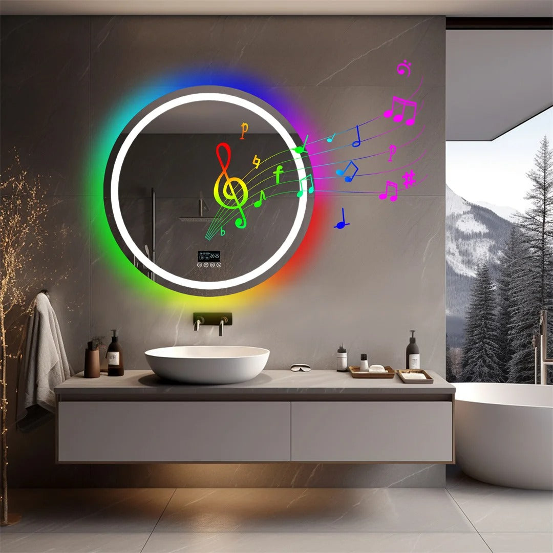 Round Glitzy RGB，Smart LED mirror With Bluetooth Speakers，Double Light LED Bathroom Mirror ，Anti-Fog