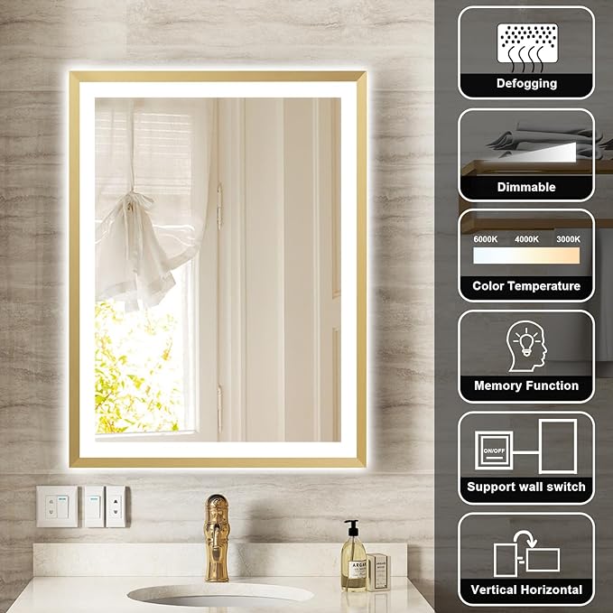 Front Light Rectangle Aluminum Alloy Golden Frame LED Bathroom Mirror,Wall Mounted Lighted Vanity Mirror, Anti-Fog