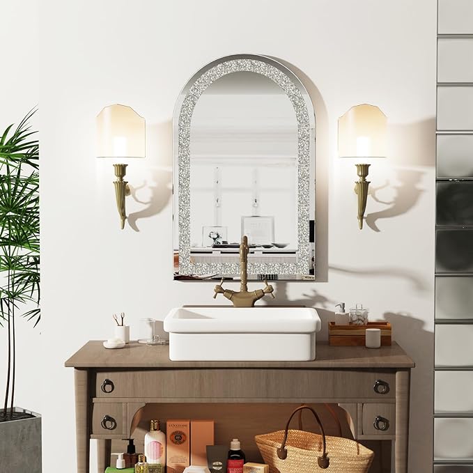 Arched Wall-Mounted Mirror,Decorative Large Silver Glass Vanity with Crushed Diamond Crystal Bling Edge