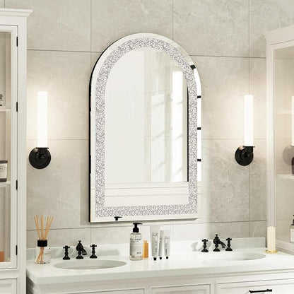 Arched Wall-Mounted Mirror,Decorative Large Silver Glass Vanity with Crushed Diamond Crystal Bling Edge