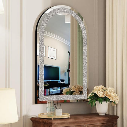 Arched Wall-Mounted Mirror,Decorative Large Silver Glass Vanity with Crushed Diamond Crystal Bling Edge