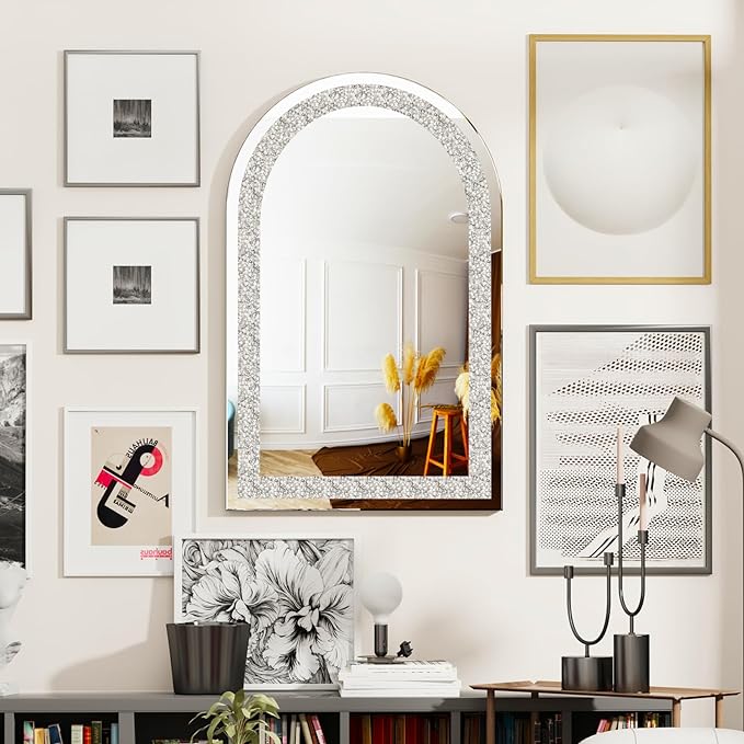 Arched Wall-Mounted Mirror,Decorative Large Silver Glass Vanity with Crushed Diamond Crystal Bling Edge