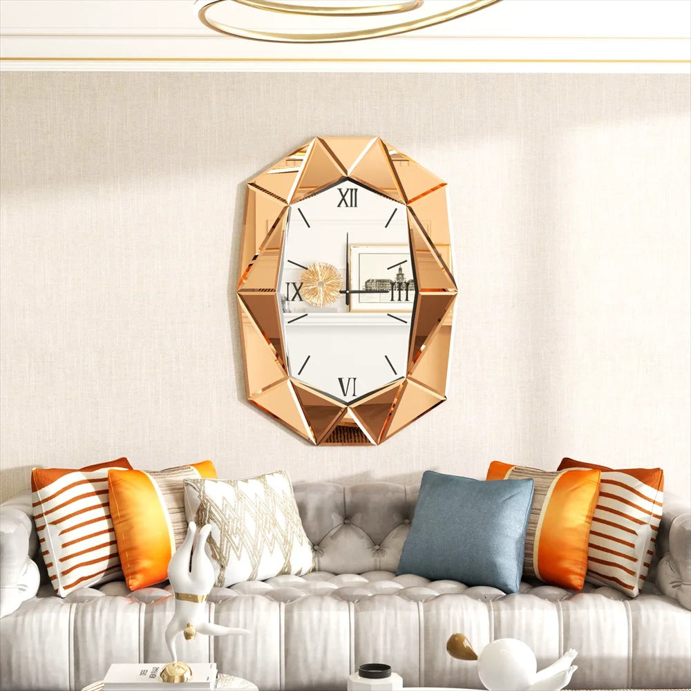 3D Beveled Diamond Wall Mirror with Clock, Hanging Clock