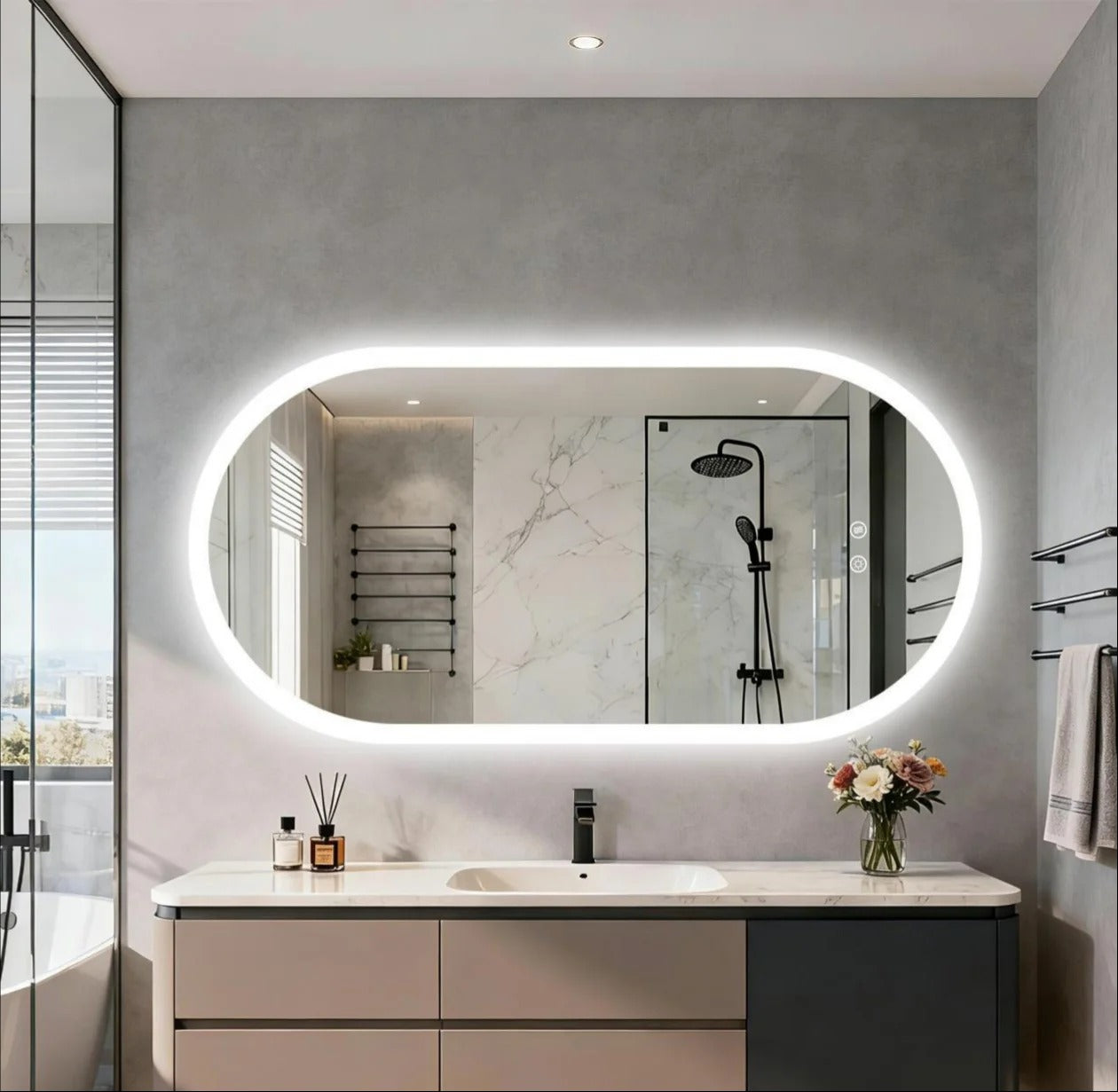 Long Oval LED Bathroom Mirror, Backlit Illuminated Bathroom Vanity Mirror, Memory Function Anti-Fog