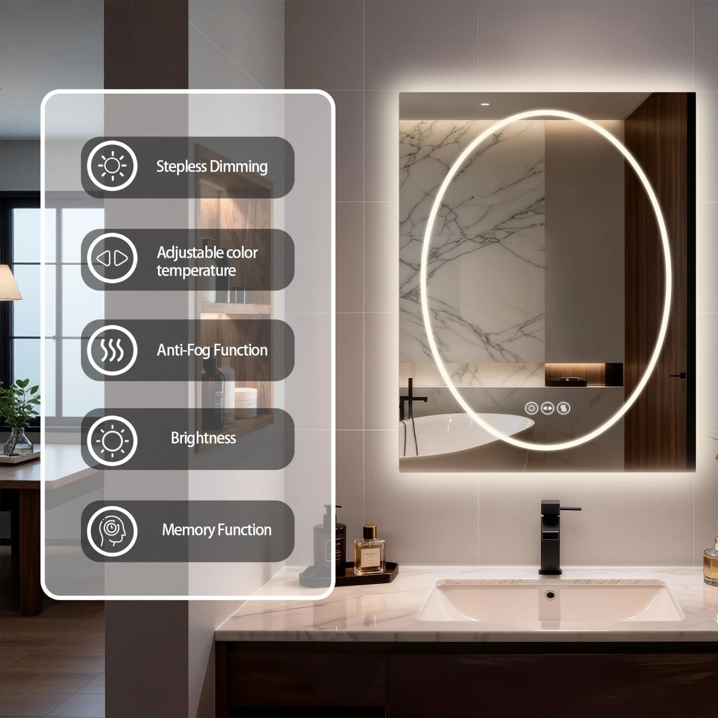 Frameless Double LED Lighted Bathroom Mirror, Rectangle & Round Tempered Glass Frontlit and Backlit Antifog
