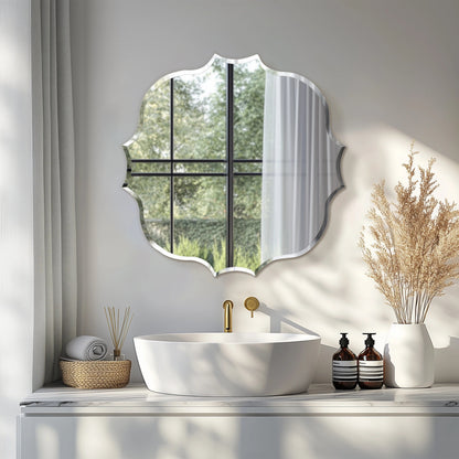 Frameless Bathroom Bathroom Mirror – Scalloped Beveled Edge Mirror for Living Room, Bedroom & Entryway