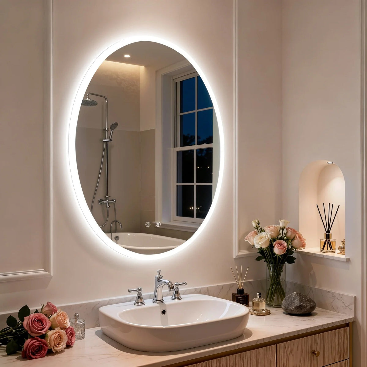 Oval LED Backlit Bathroom Mirror with 3 Color Lighting and Anti-fog