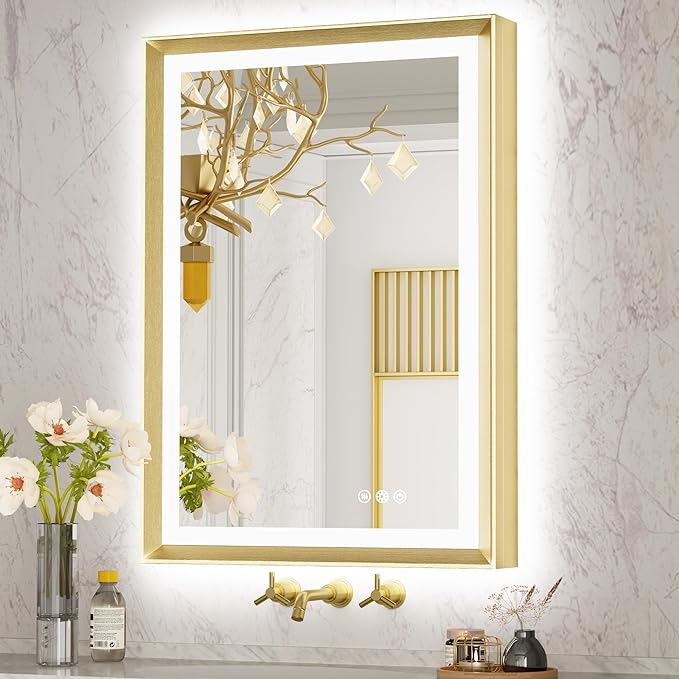 Front Light Rectangle Aluminum Alloy Golden Frame LED Bathroom Mirror,Wall Mounted Lighted Vanity Mirror, Anti-Fog