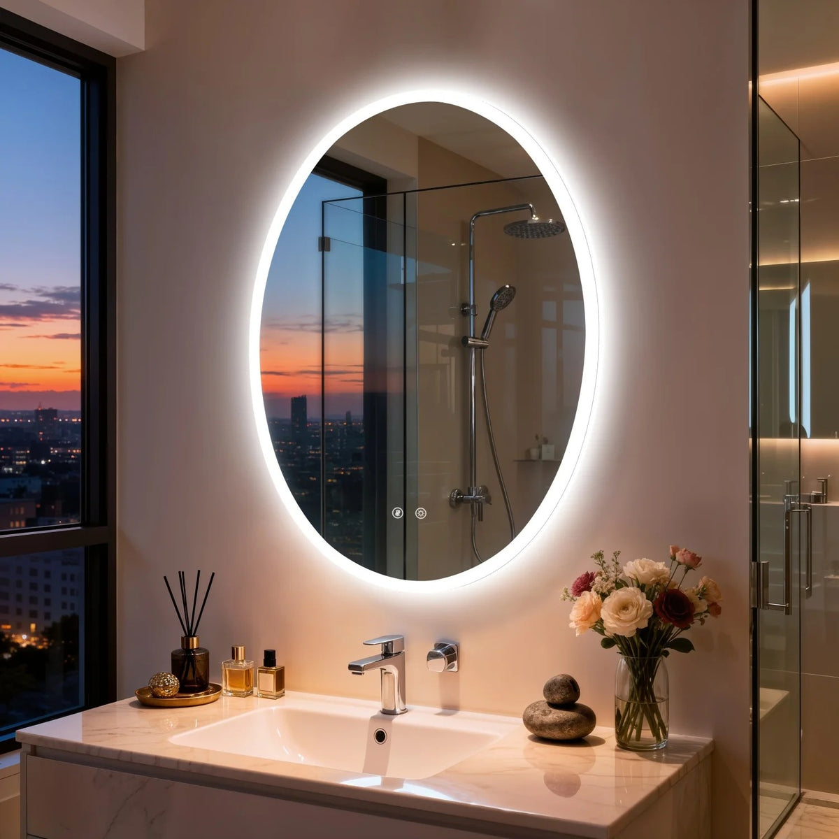 Oval LED Backlit Bathroom Mirror with 3 Color Lighting and Anti-fog