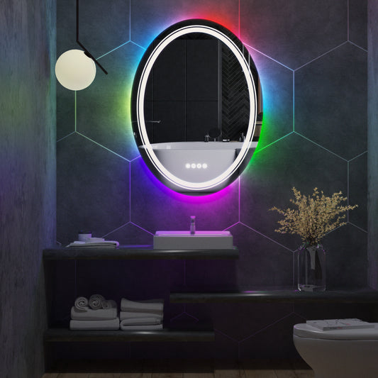 Oval Glitzy RGB Double Light LED Bathroom Mirror RGB Color Changing Dimmable Anti-Fog