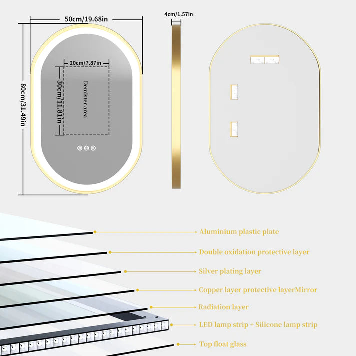 Oval Gold Aluminum Frame Frontlit LED Smart Bathroom Illumination Mirror, Wall Mounted, Anti-Fog