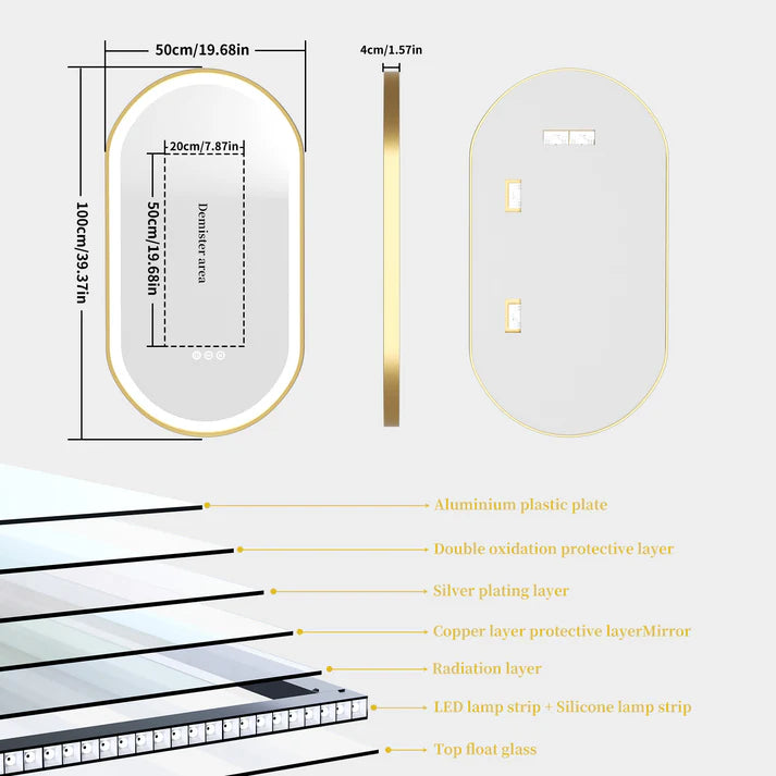 Oval Gold Aluminum Frame Frontlit LED Smart Bathroom Illumination Mirror, Wall Mounted, Anti-Fog