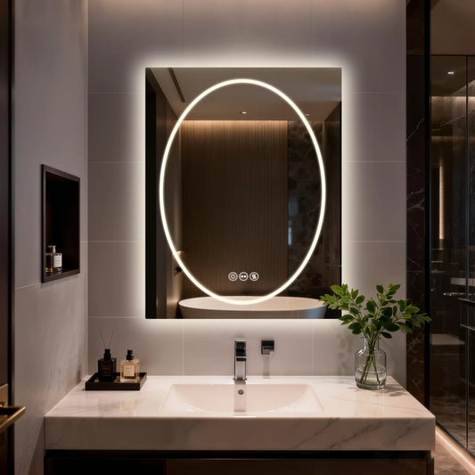 Frameless Double LED Lighted Bathroom Mirror, Rectangle & Round Tempered Glass Frontlit and Backlit Antifog