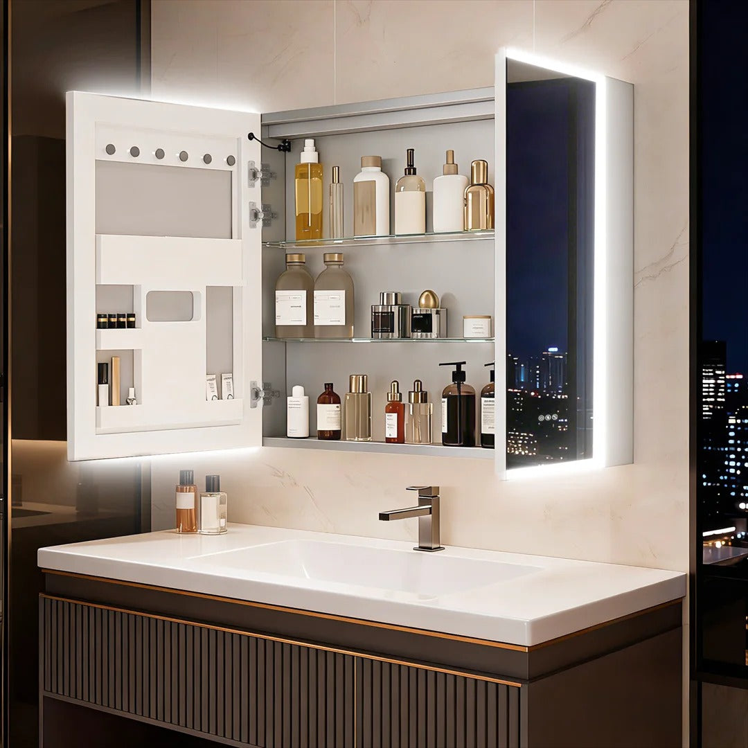 Luxury LED Mirror Cabinet with Dual Bluetooth Speakers & Anti-Fog - open cabinet showing internal storage
